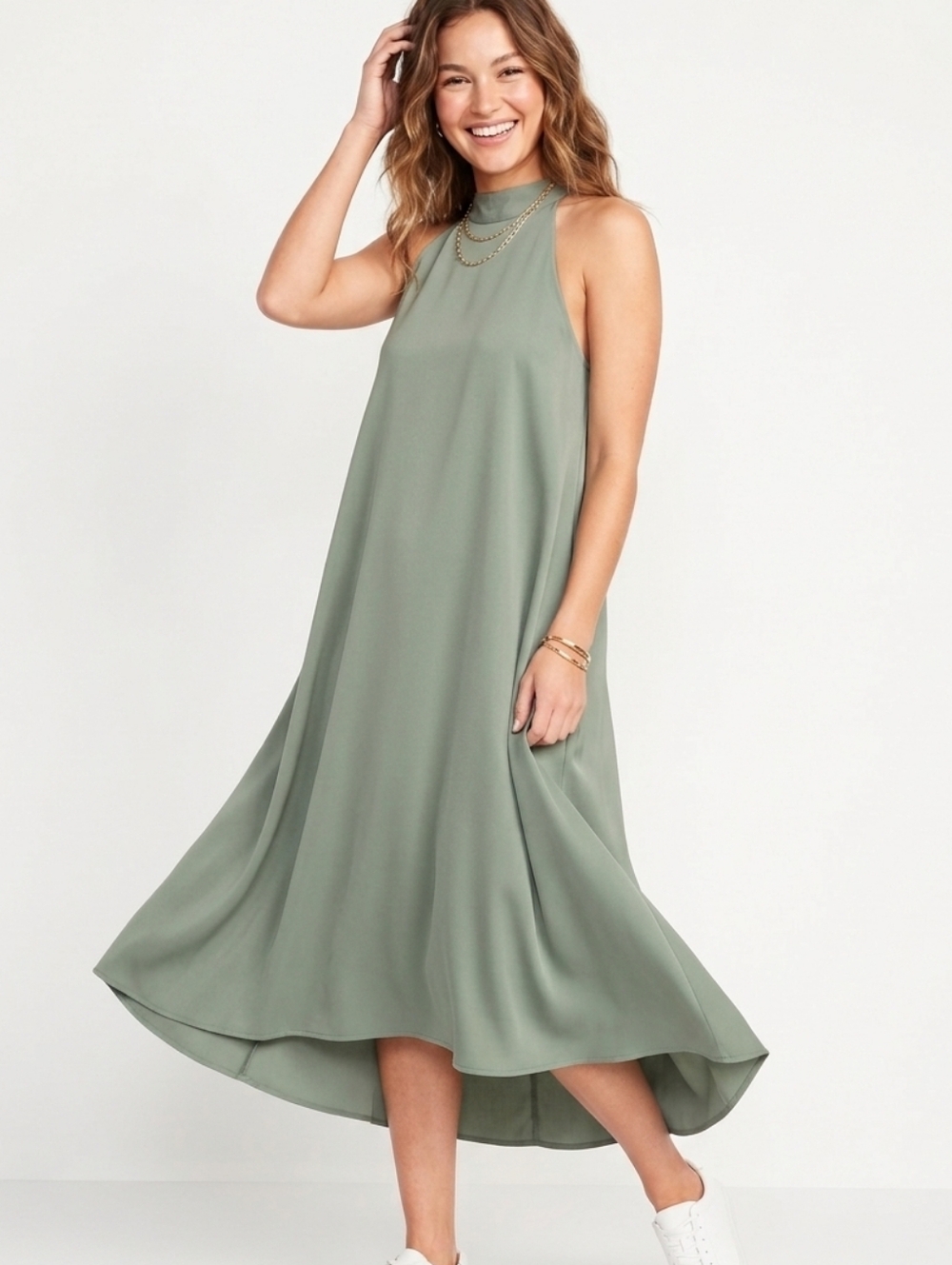 Kirundo Sage Green High-Low Halter Flowy Midi Dress